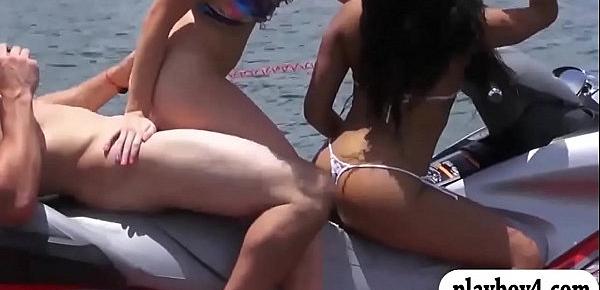  Two sexy women fucked by nasty guys on the speedboat